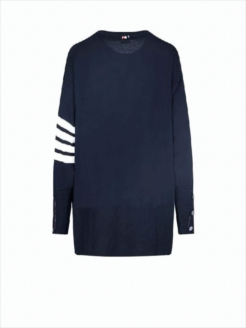 Relaxed Fit Wool Sweater with Striped Sleeve and Button Accents