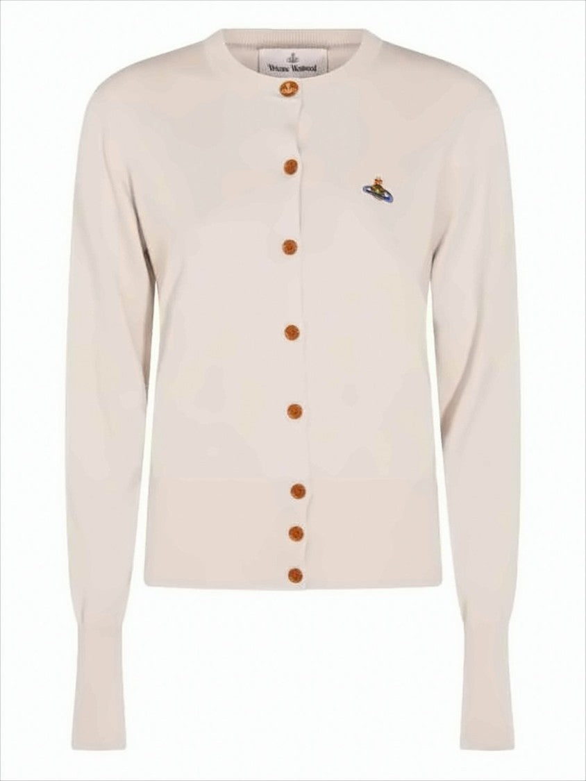 Button-Down Cardigan with Round Neckline and Embroidered Emblem