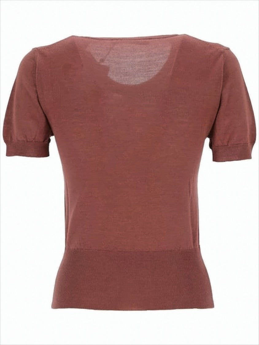 Brown Short-Sleeved Fitted Sweater with Ribbed Details