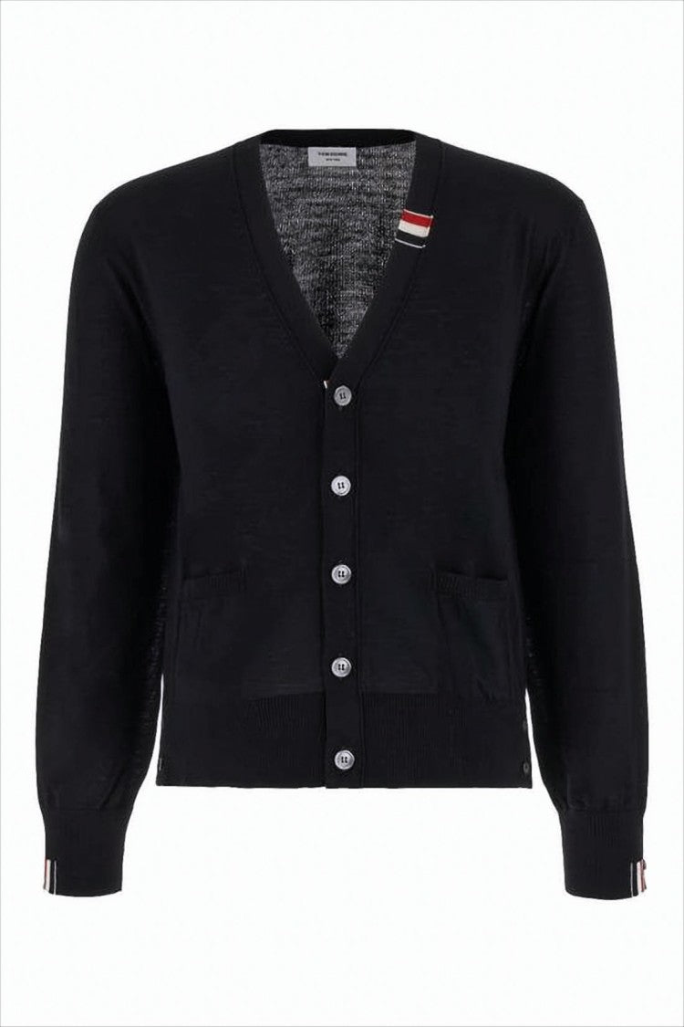 Classic V-Neck Cardigan with Striped Cuffs