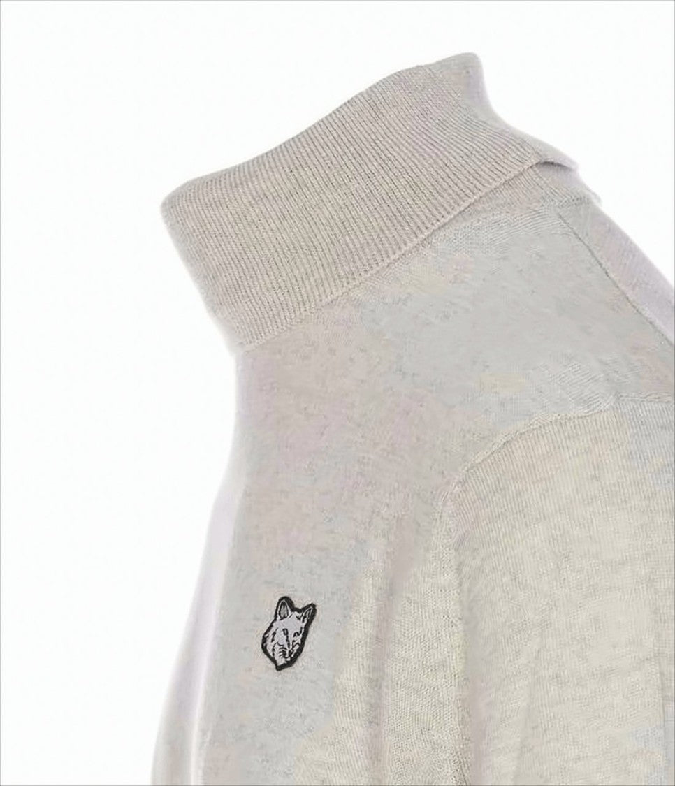 Ribbed Collar Wool Sweater With Embroidered Fox Emblem