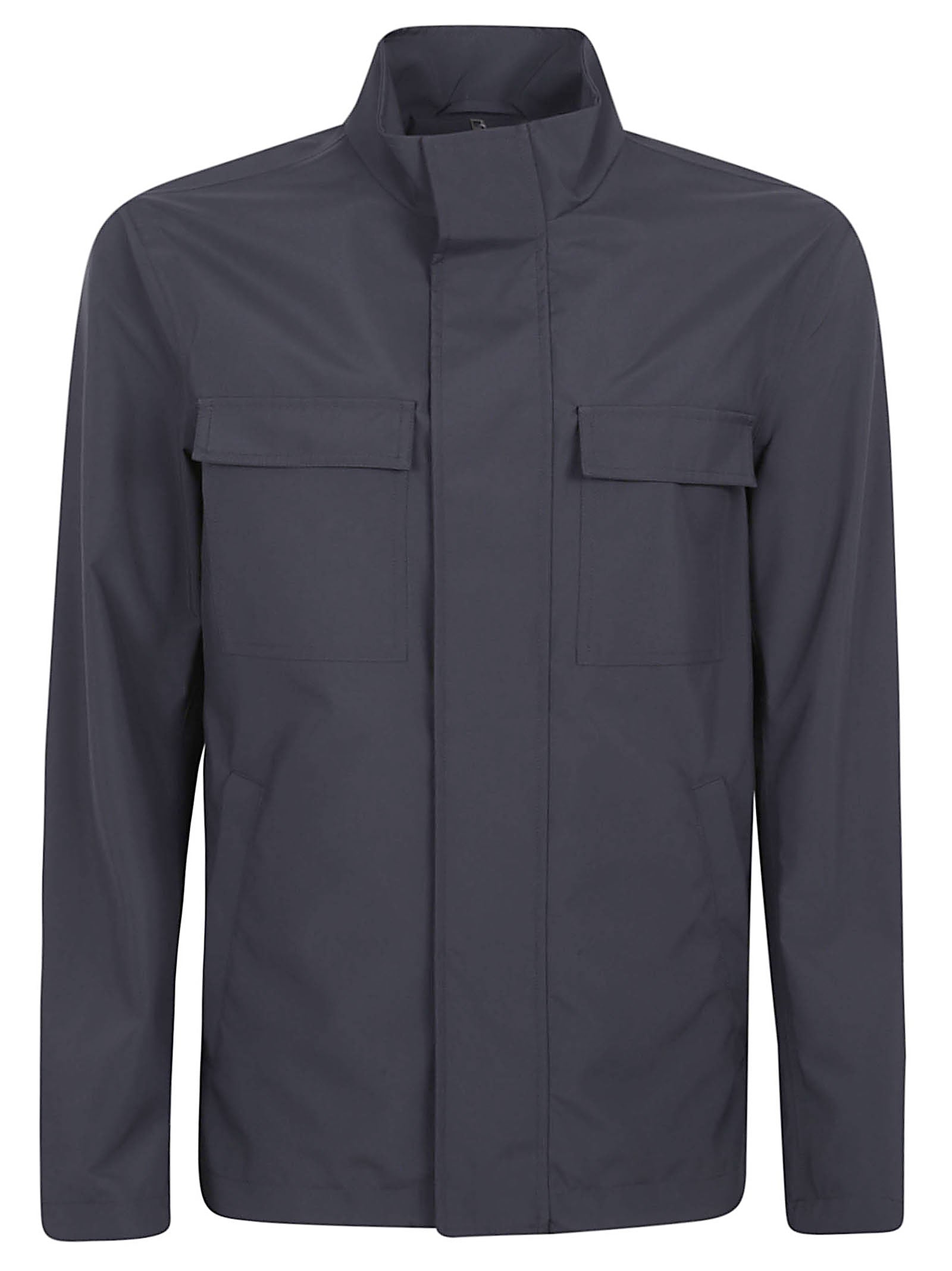 Blue Jacket with High Collar and Concealed Closure