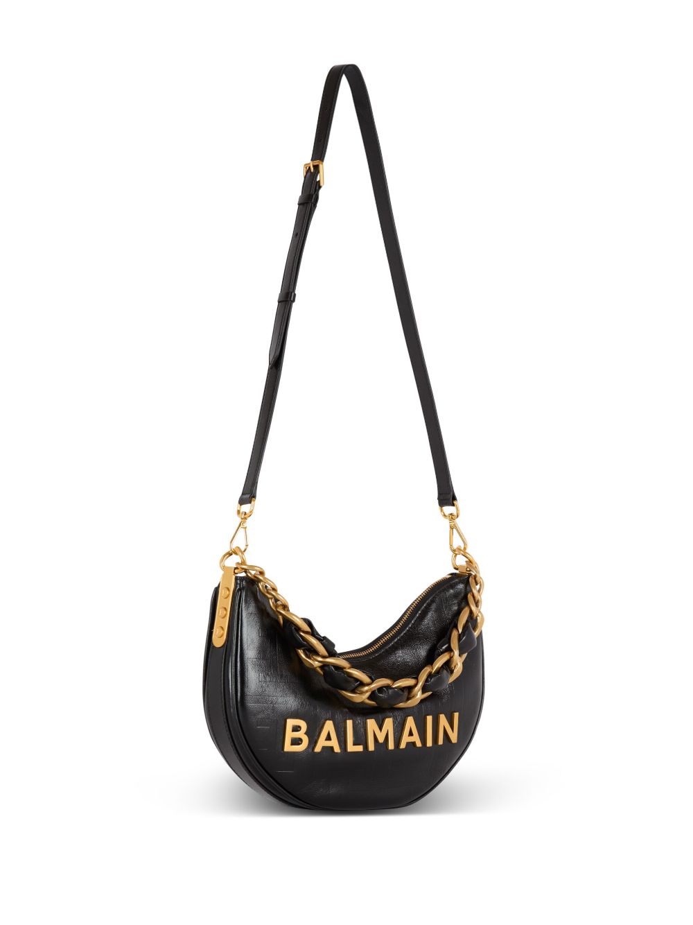 Crescent-Shaped Leather Bag with Gold-Tone Accents