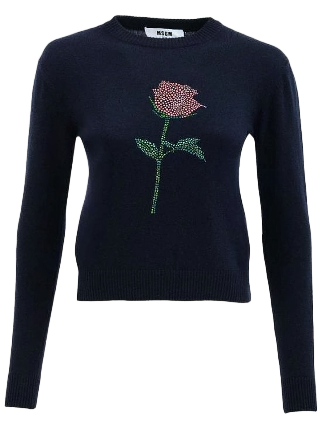 Fitted Black Sweater With Rhinestone Rose Design