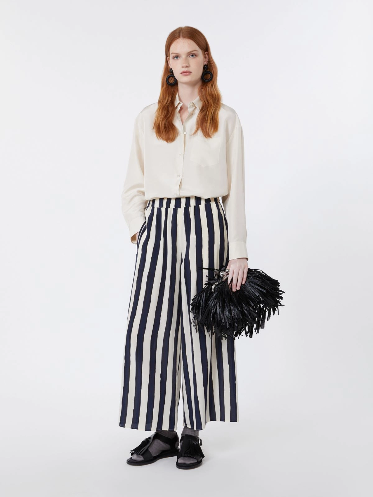 Wide-Leg Pants with Vertical Stripes and Elastic Waistband