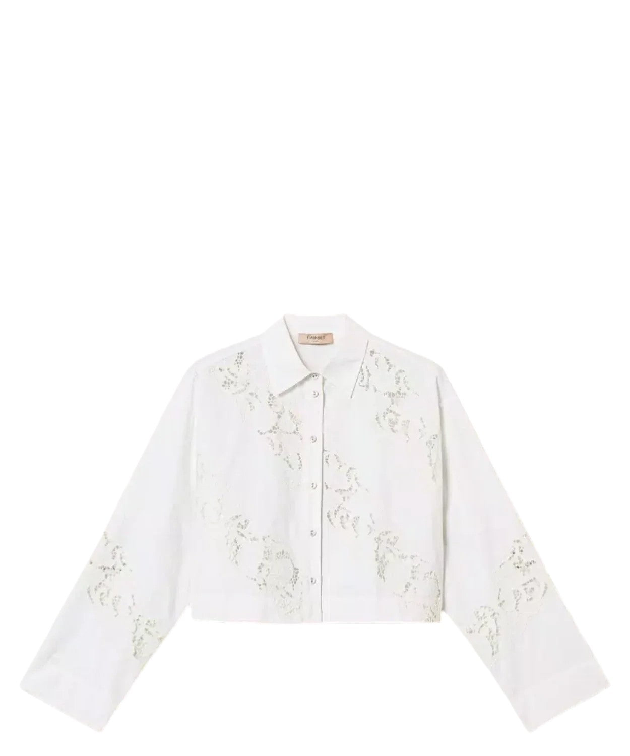 Cropped Long-Sleeve Shirt with Floral Embroidery
