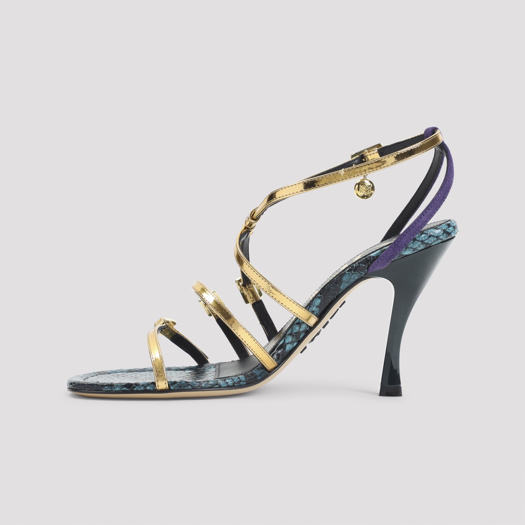 High Heel Sandals With Metallic Finish And Snakeskin Accents