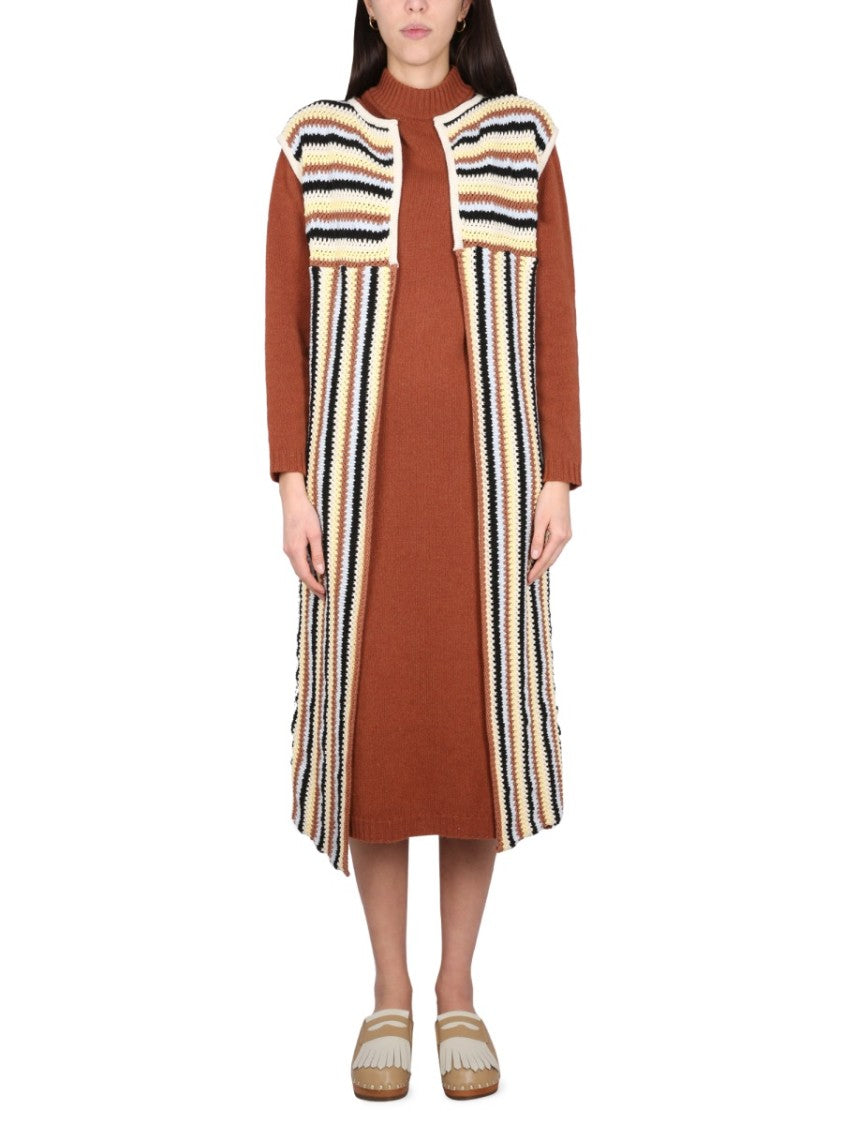 Open Front Striped Long Vest With Textured Knit