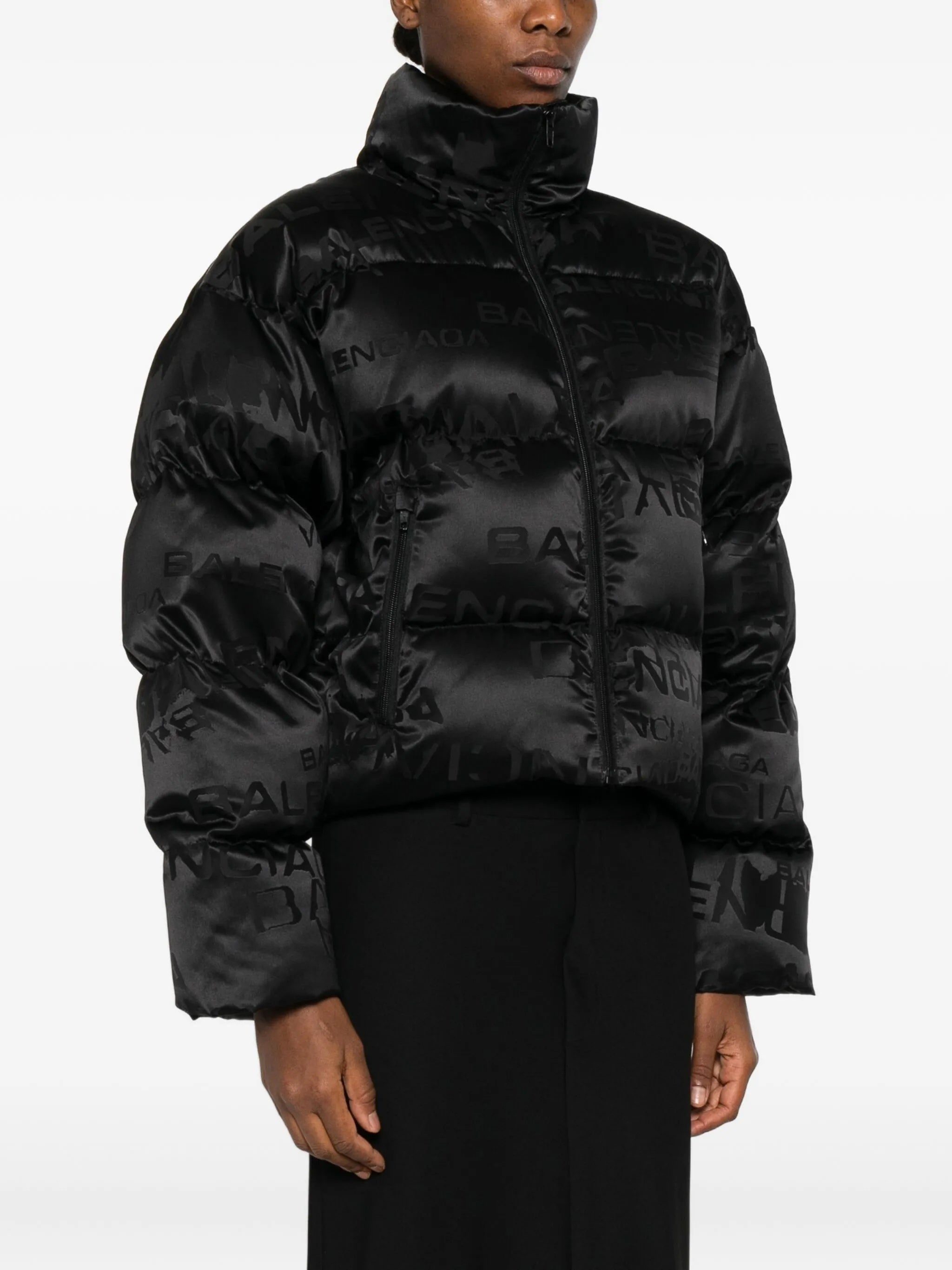 Black Cropped Puffer Tonal Logo Jacket