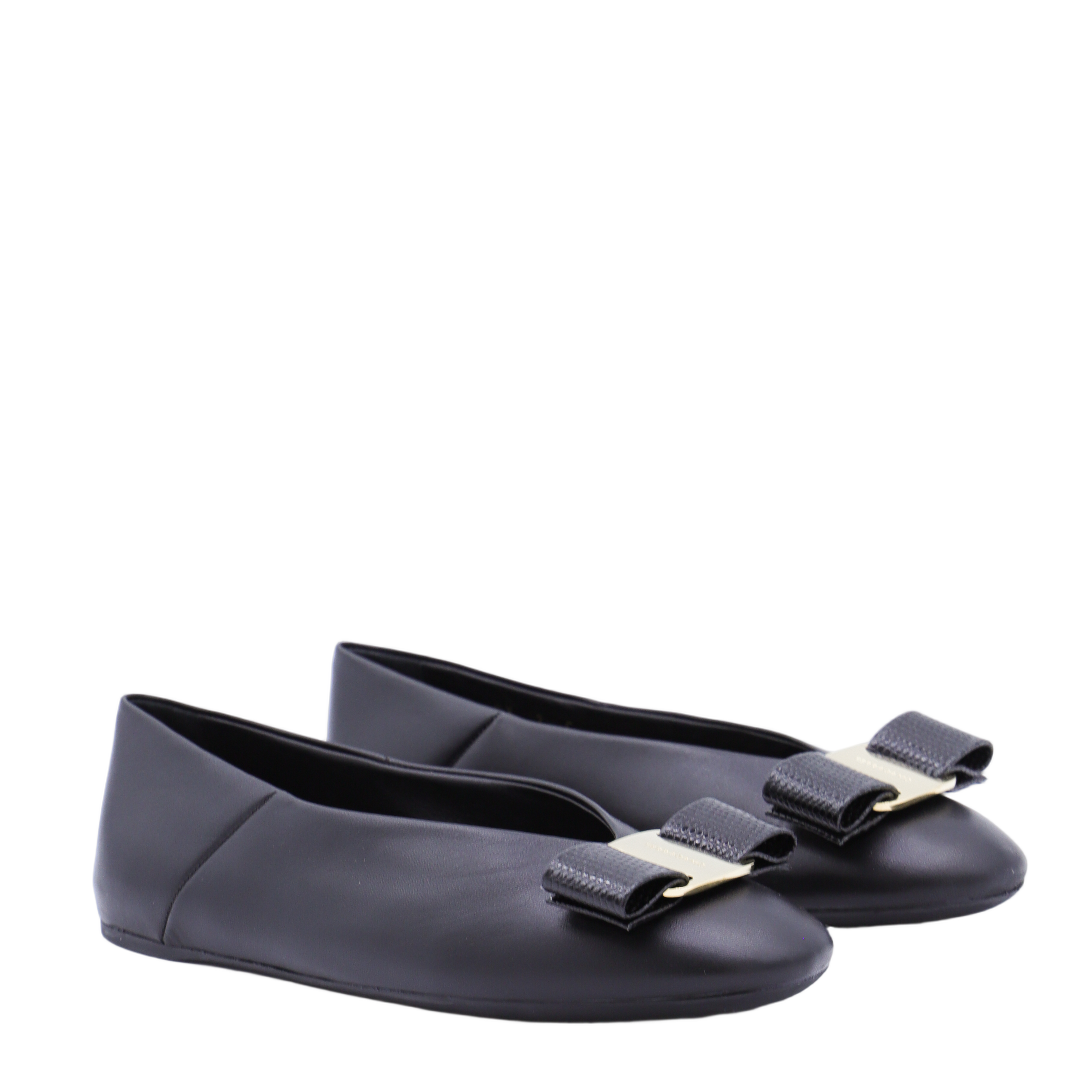 Elegant Black Leather Flats with Textured Bow