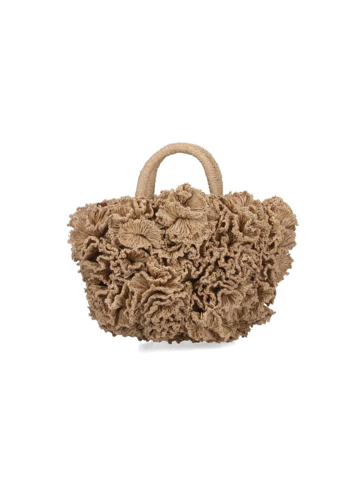Ruffled Beige Handbag With Textured Design And Drawstring Closure