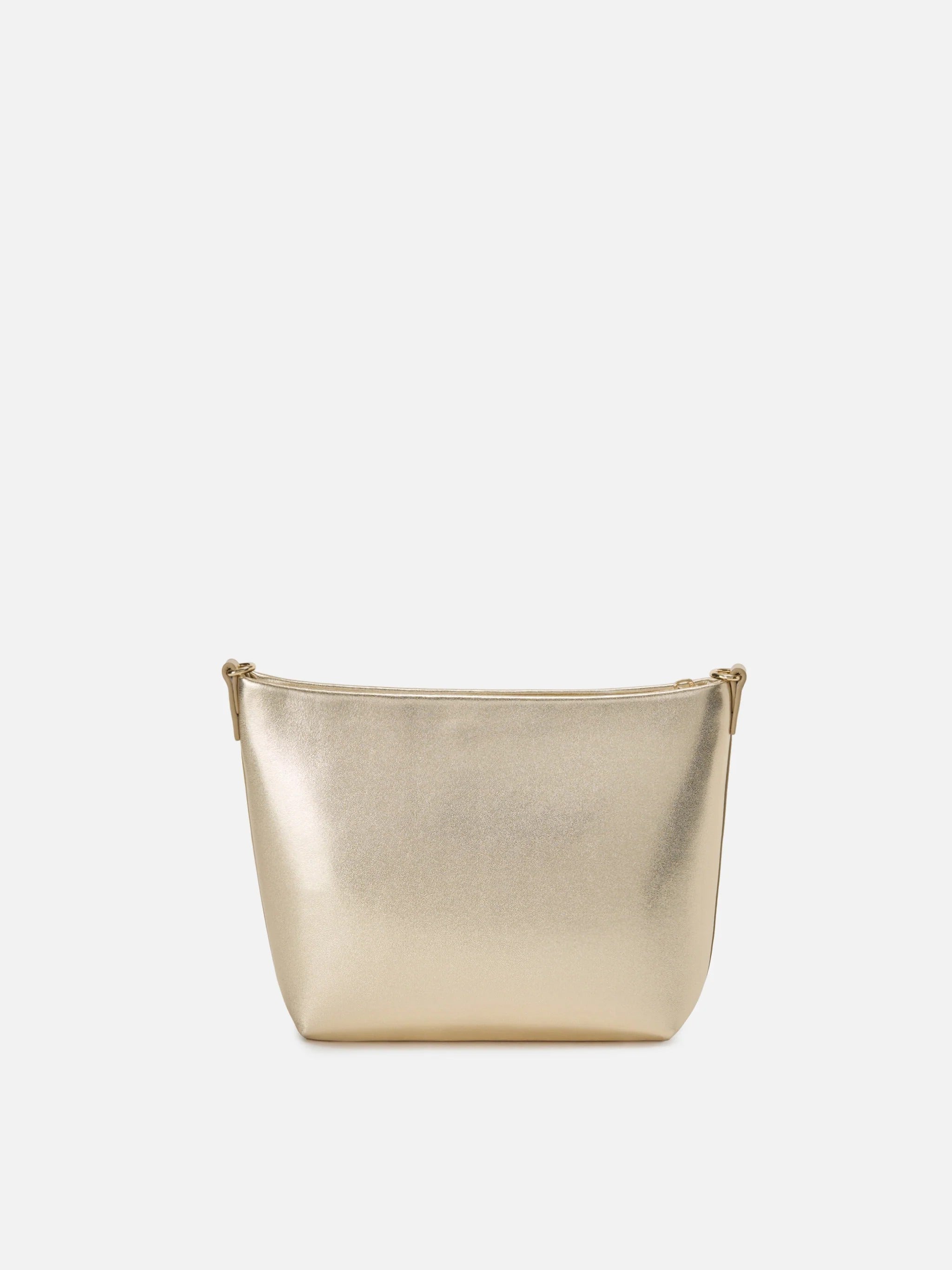 Minimalist Metallic Gold Handbag with Embossed Logo Detail