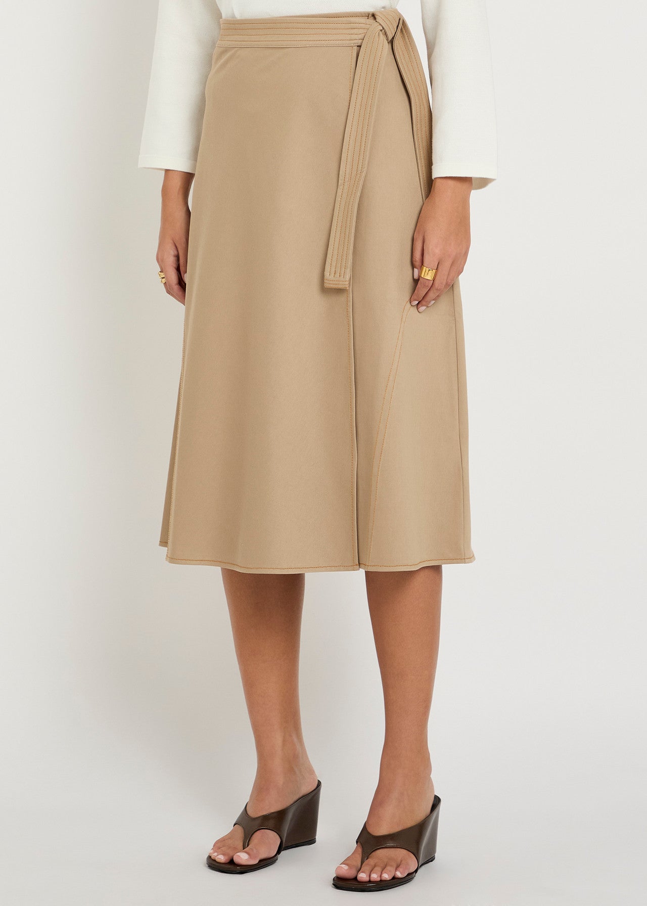 Knee-Length A-Line Skirt with Stitched Belt Tie