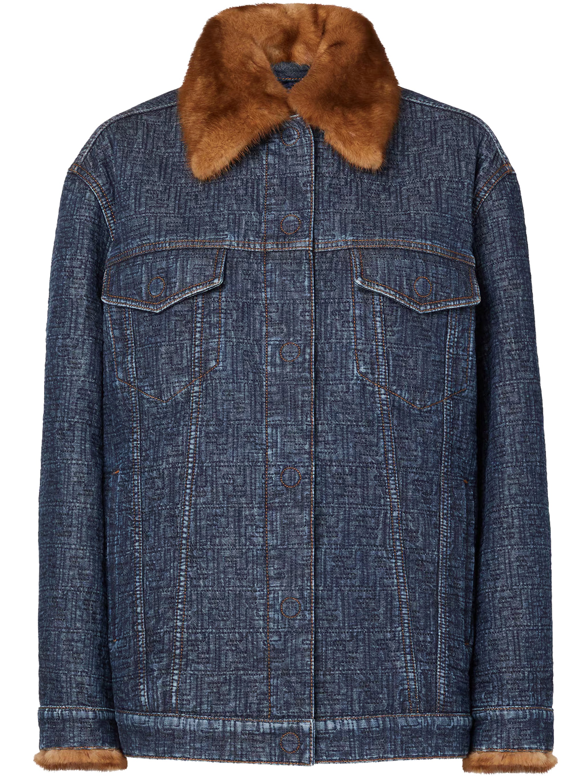 Padded Denim Jacket with Textured Fabric and Fur Collar