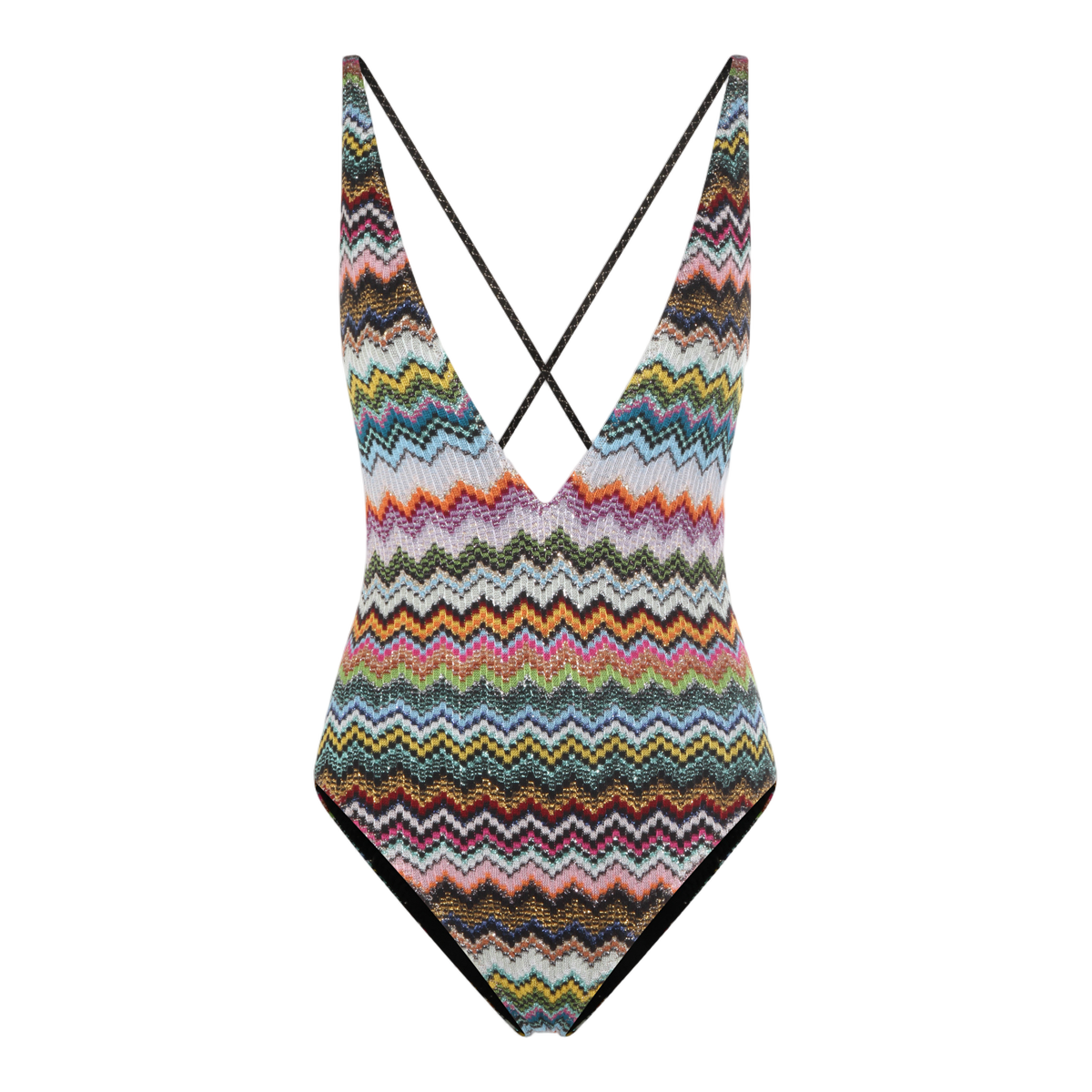 Zigzag Pattern One-Piece Swimsuit with Deep V-Neckline