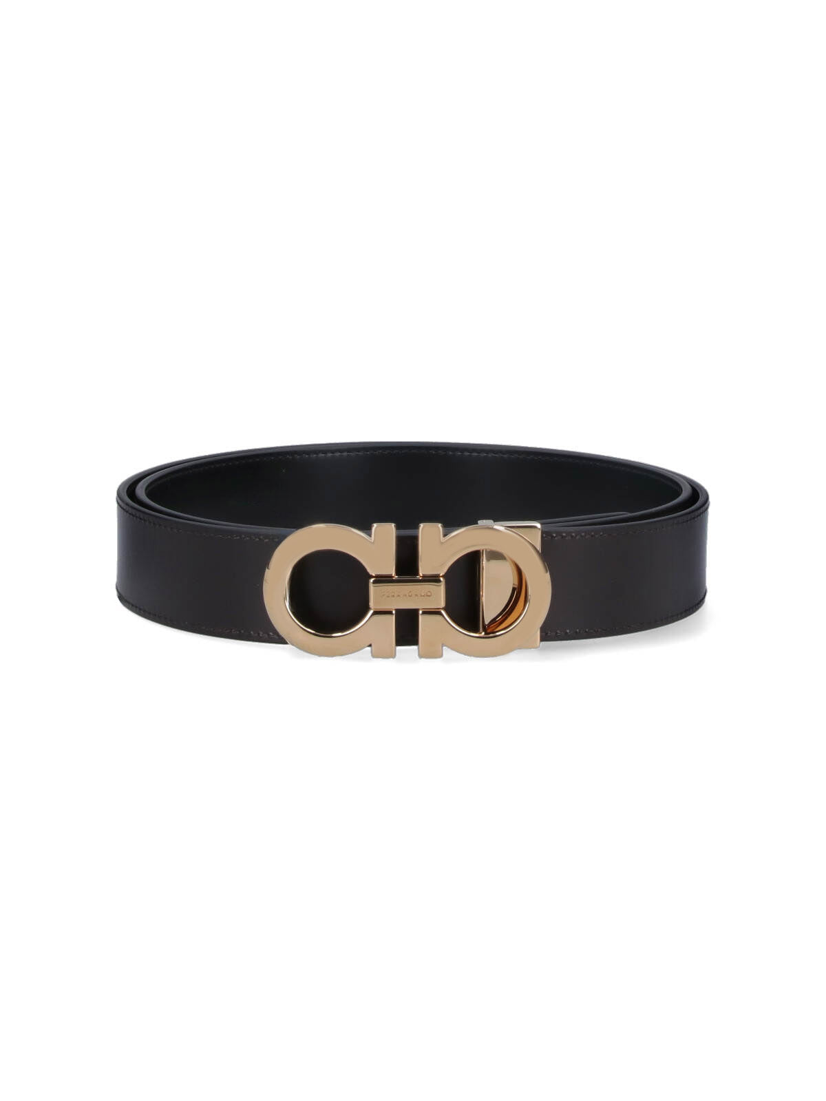 Reversible Black Leather Belt with Gold-tone Gancini Buckle