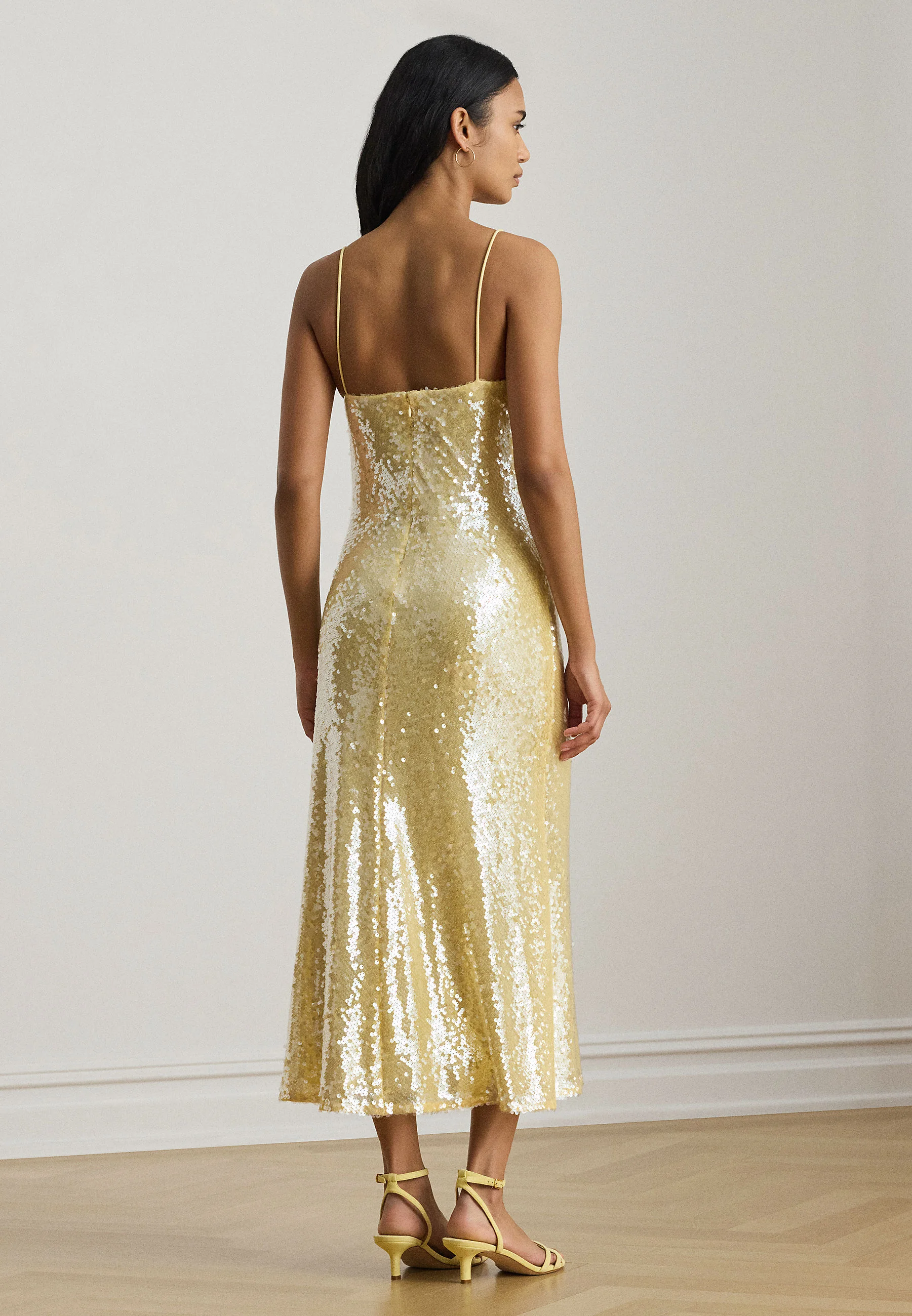 Sequined Midi Dress with Spaghetti Straps and V-Neckline