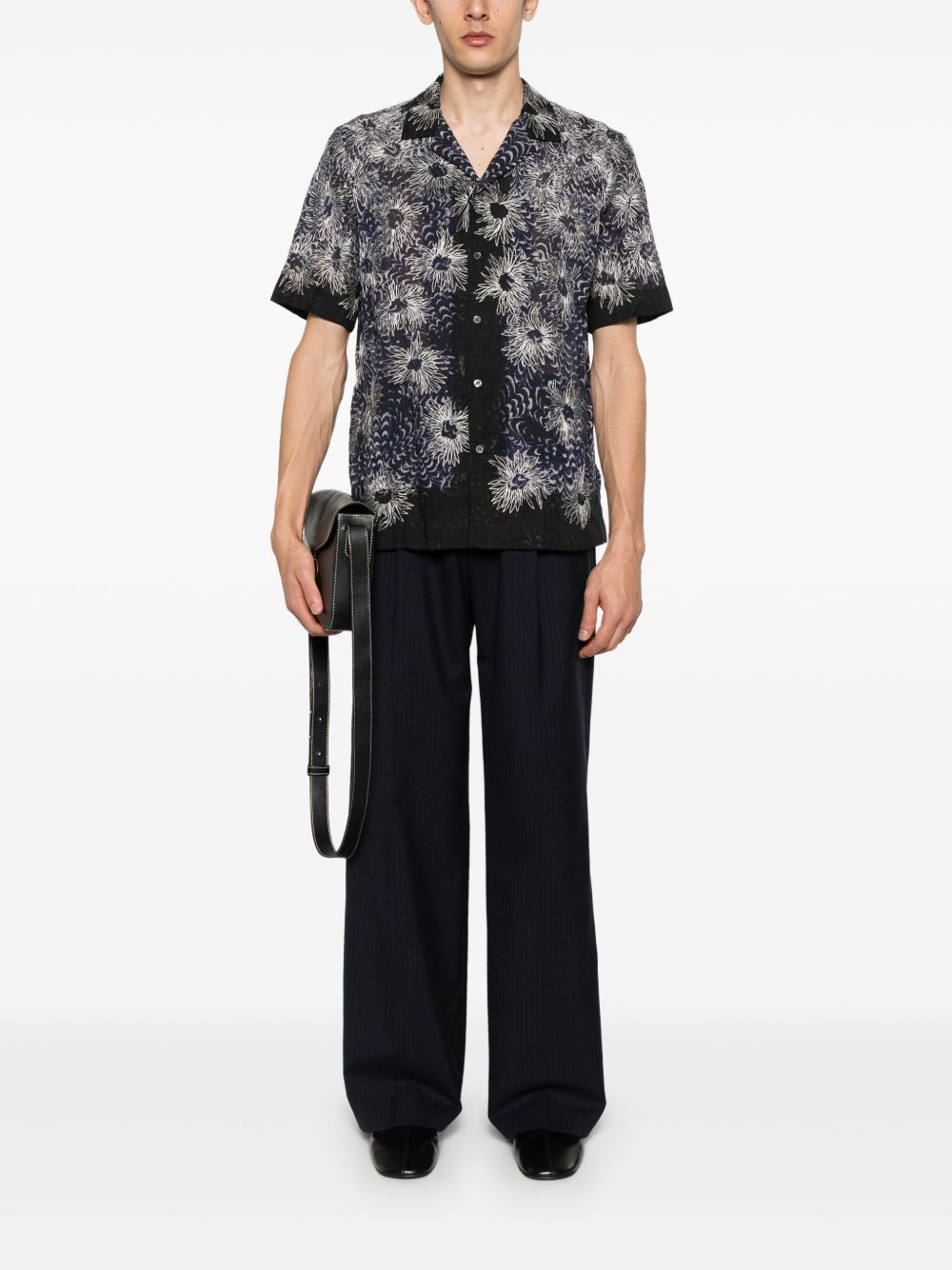 Navy Blue Short-Sleeved Camp Collar Shirt