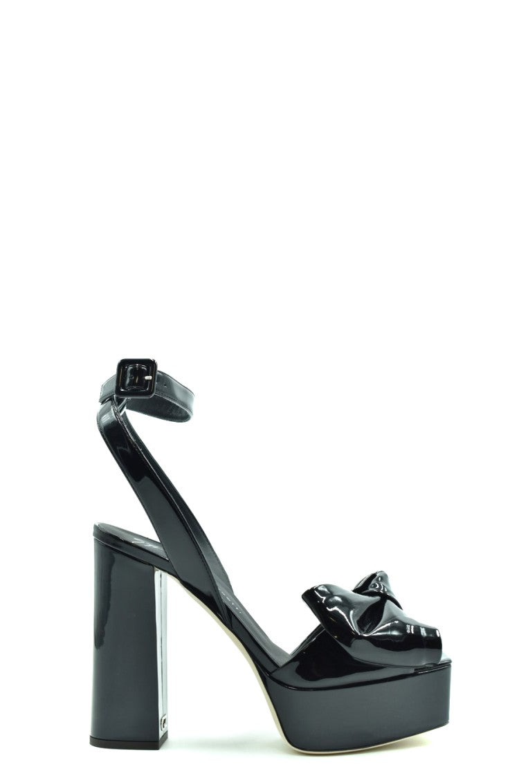Glossy Black Leather Sandals With Heel