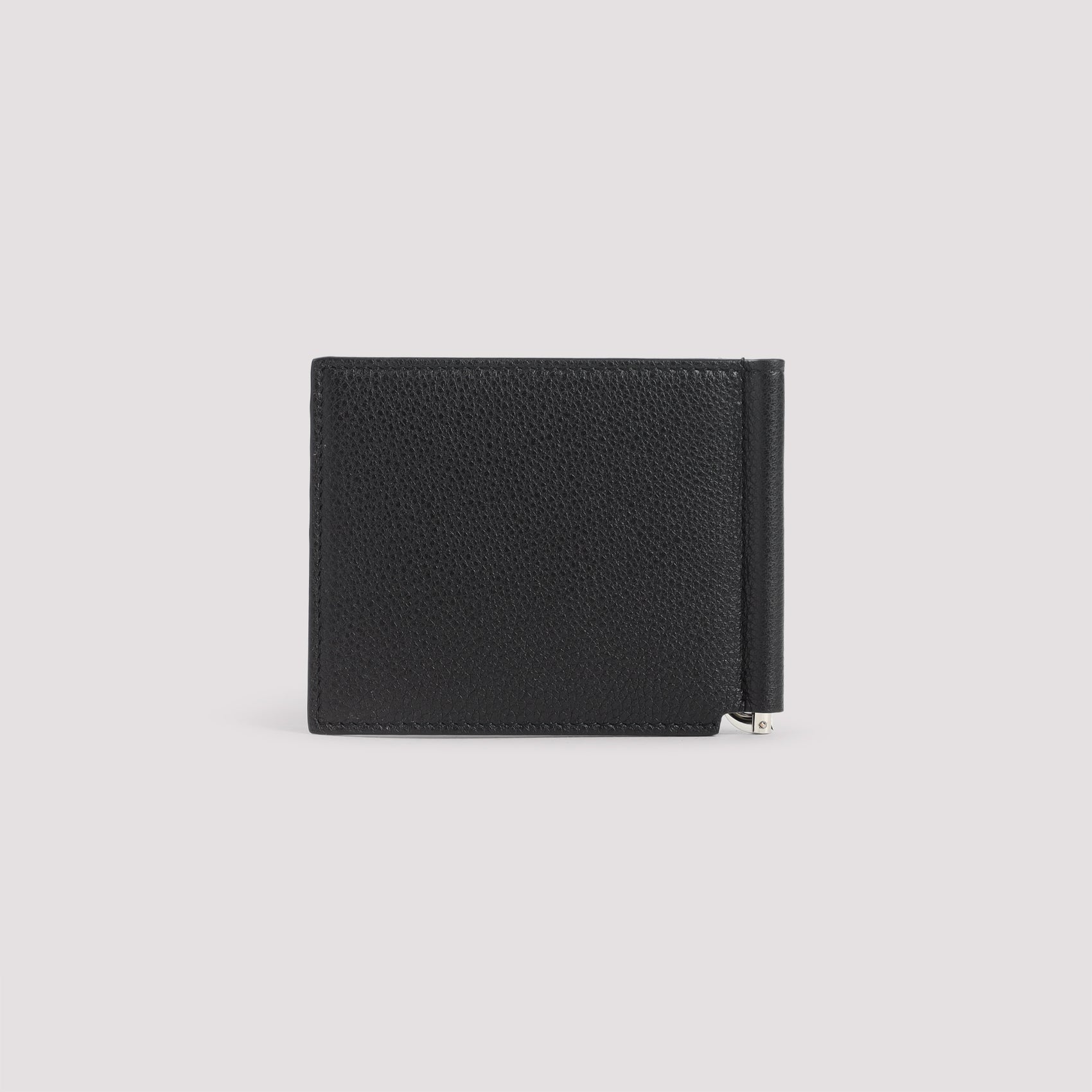 Compact Black Calf Leather Wallet with Subtle Metallic Detail
