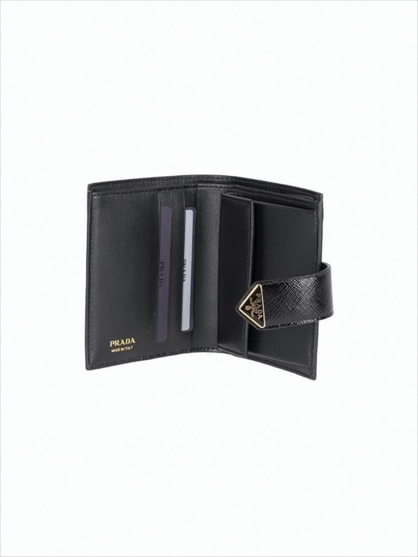 Compact Black Calf Leather Wallet With Triangular Logo