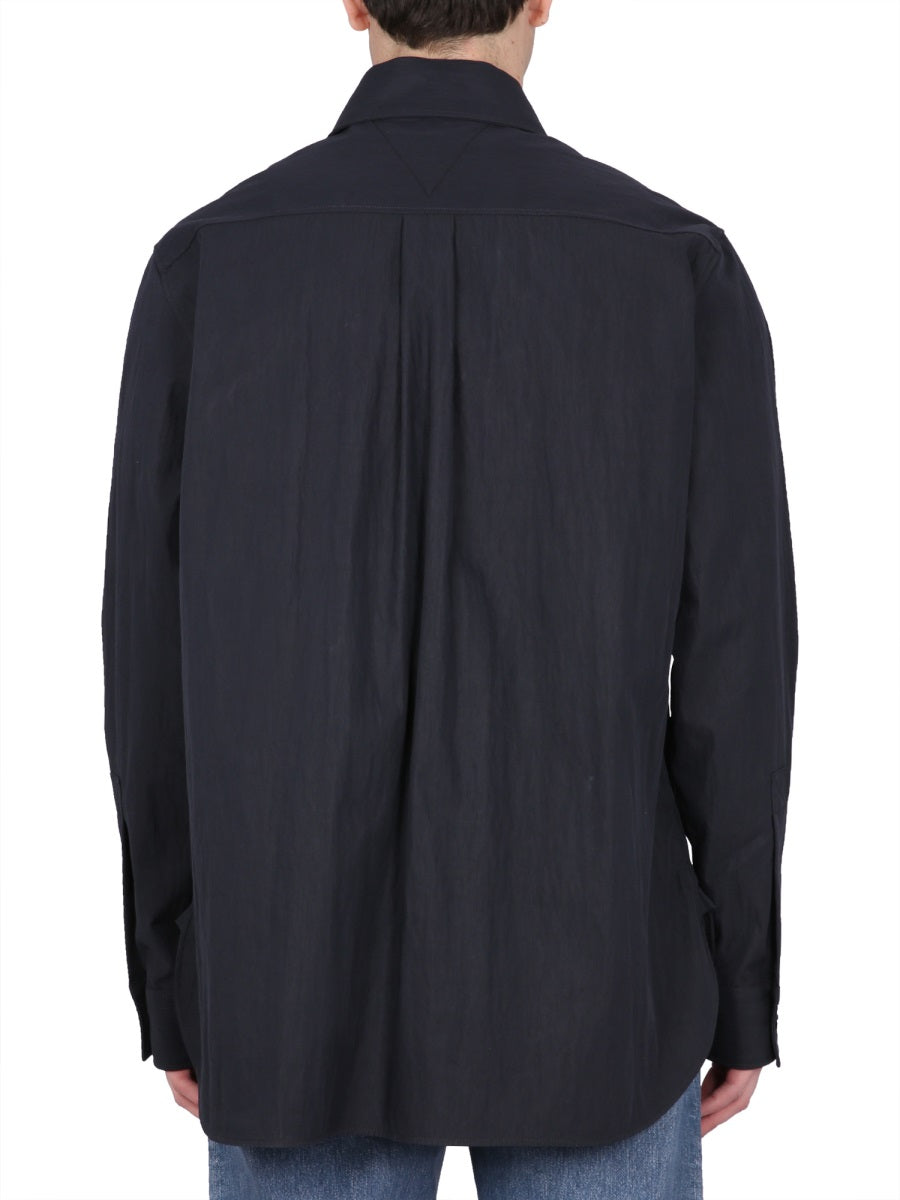 Pointed Collar Cotton Twill Shirt with Button Closure