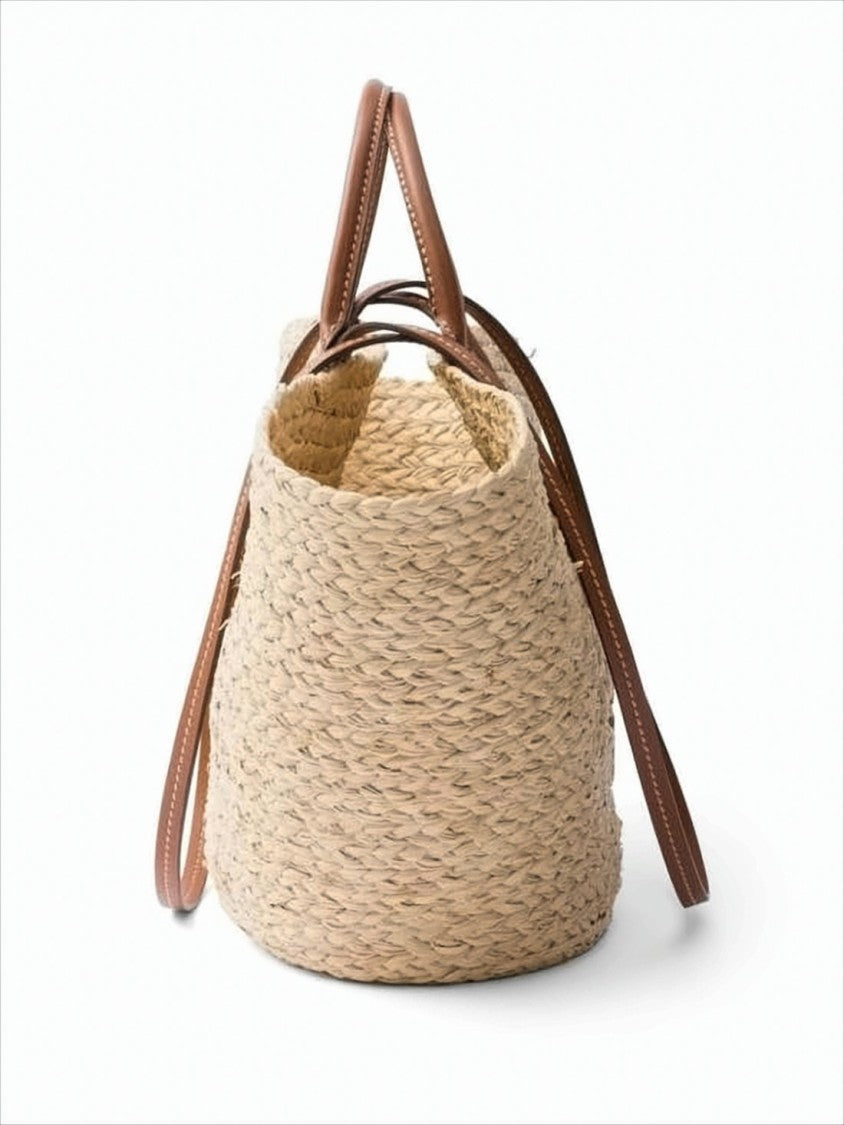 Trapezoidal Raffia Shoulder Bag With Embossed Logo Detail