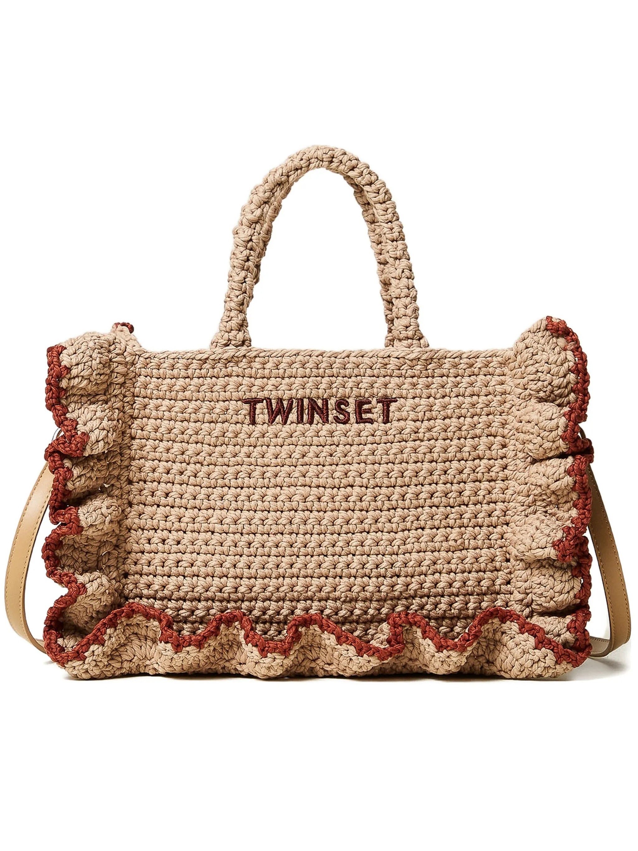 Rectangular Woven Bag With Ruffled Edges And Leather Strap