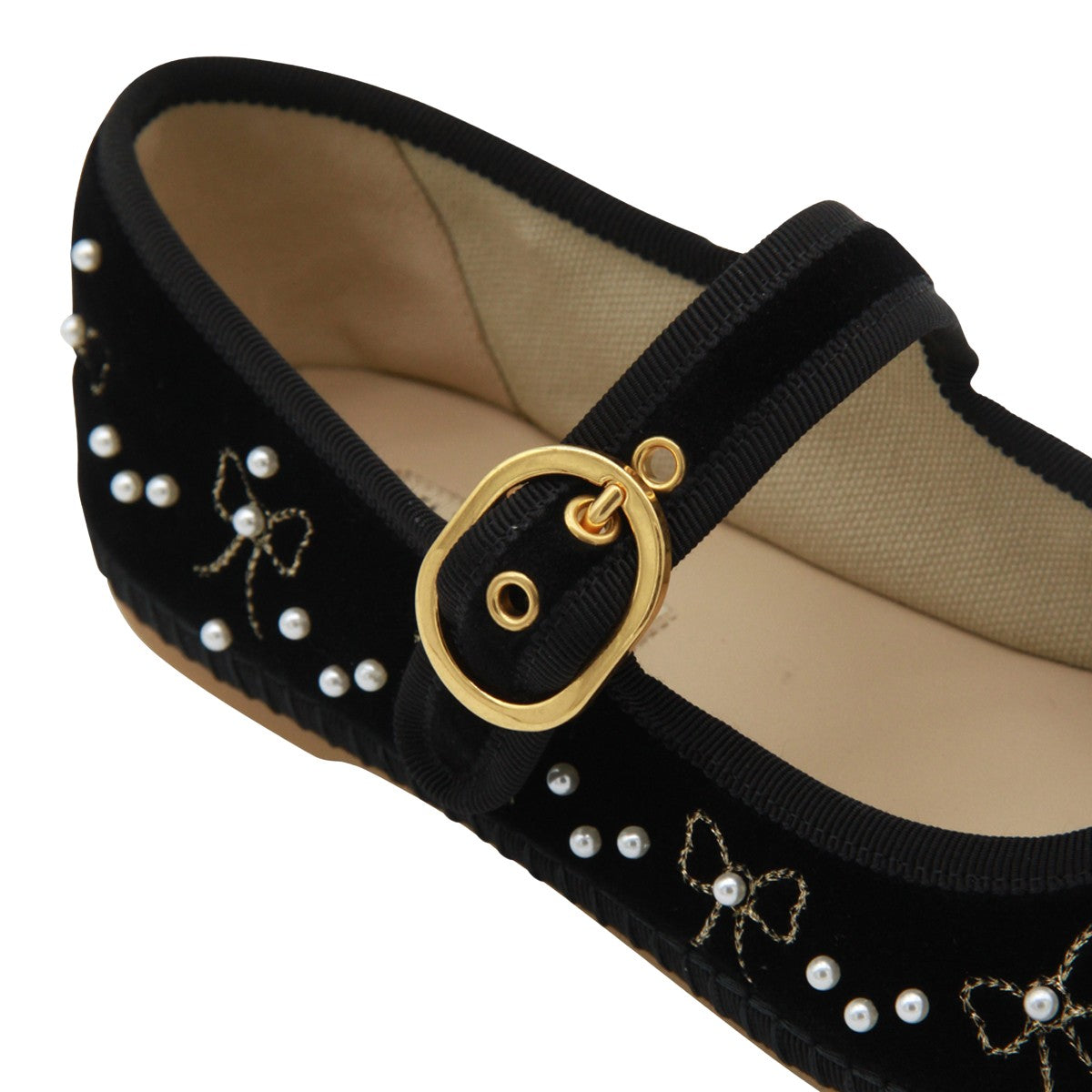 Embellished Black Velvet Flats with Pearl Details