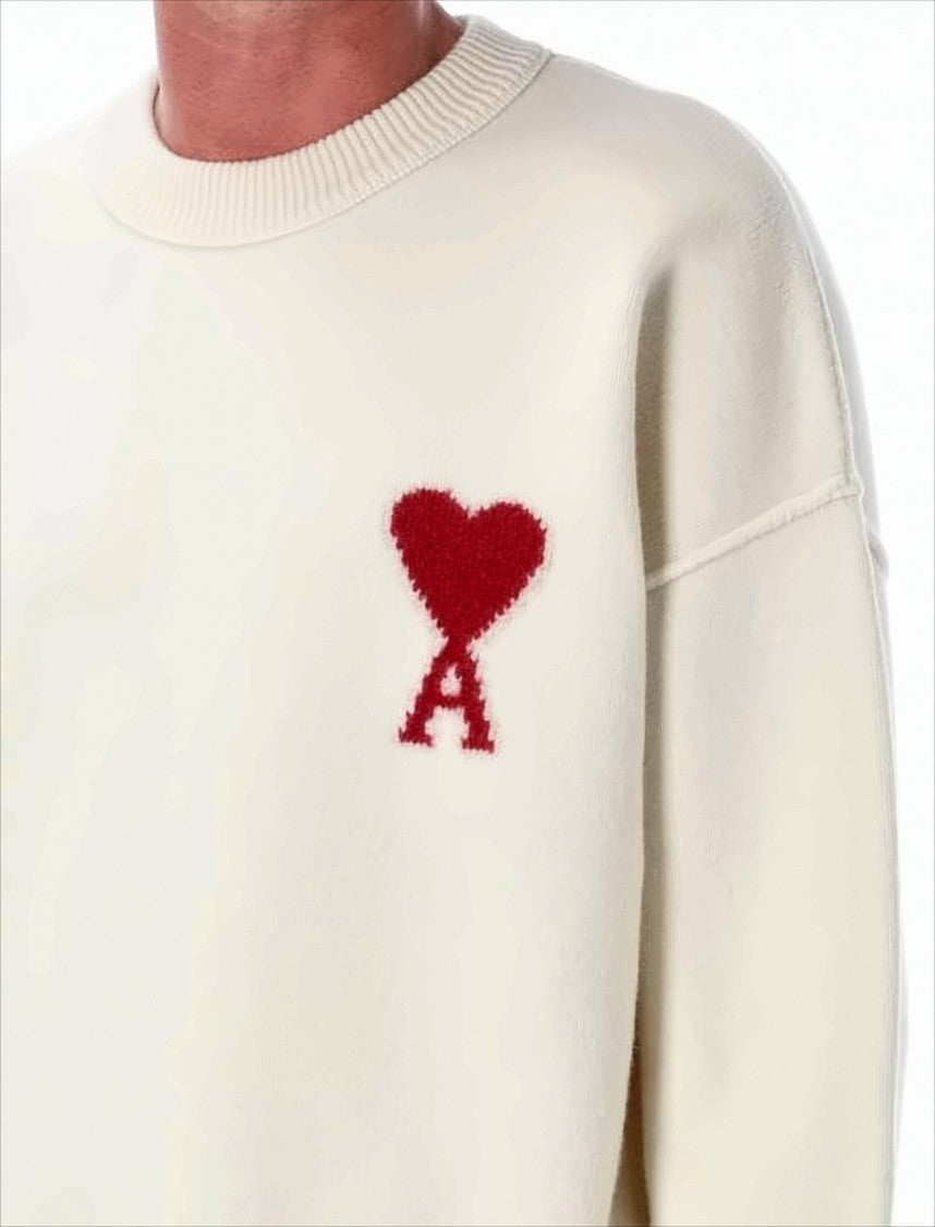 Relaxed Fit Off-White Wool Sweater With Signature Heart