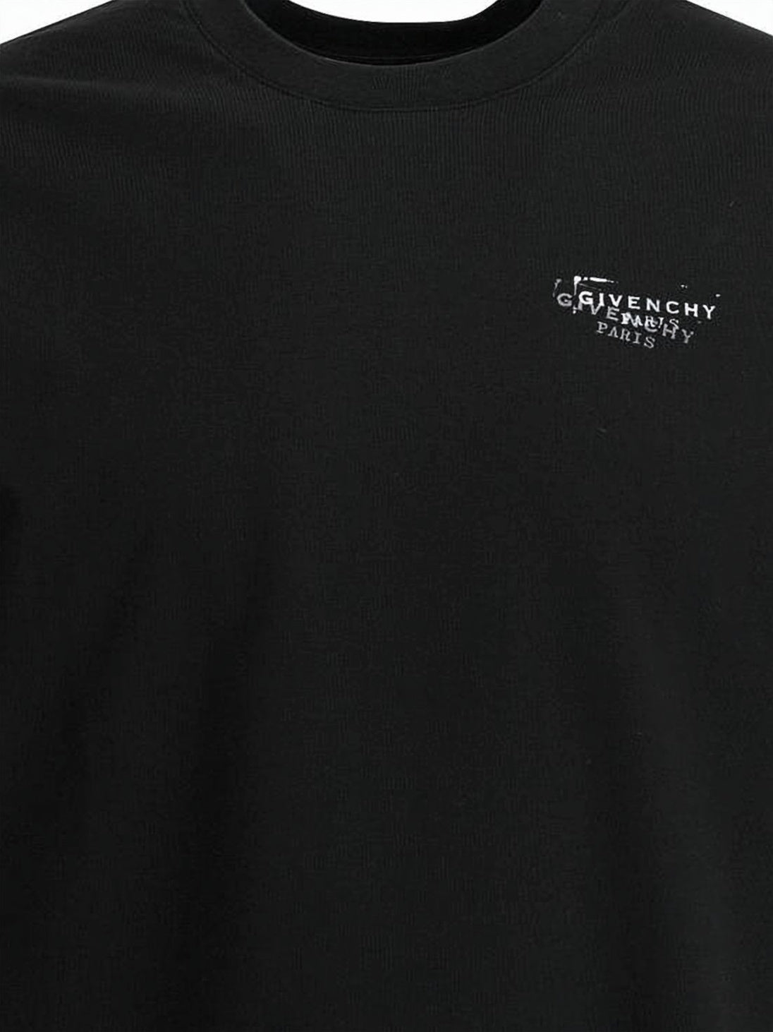 Short-Sleeve Black Cotton T-Shirt with Distressed Logo Prints