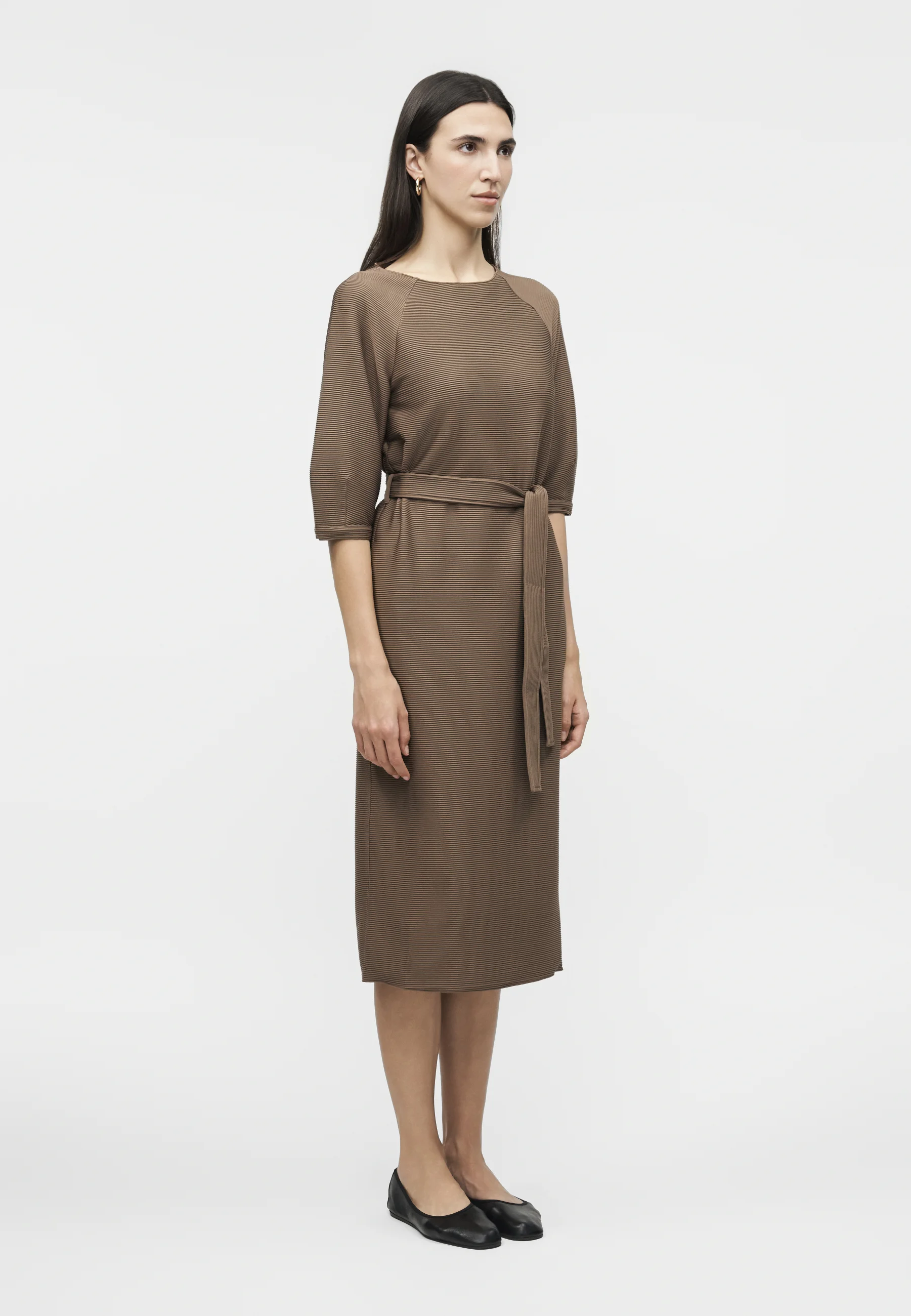 Knee-Length Dress with Elbow-Length Sleeves and Ribbed Texture