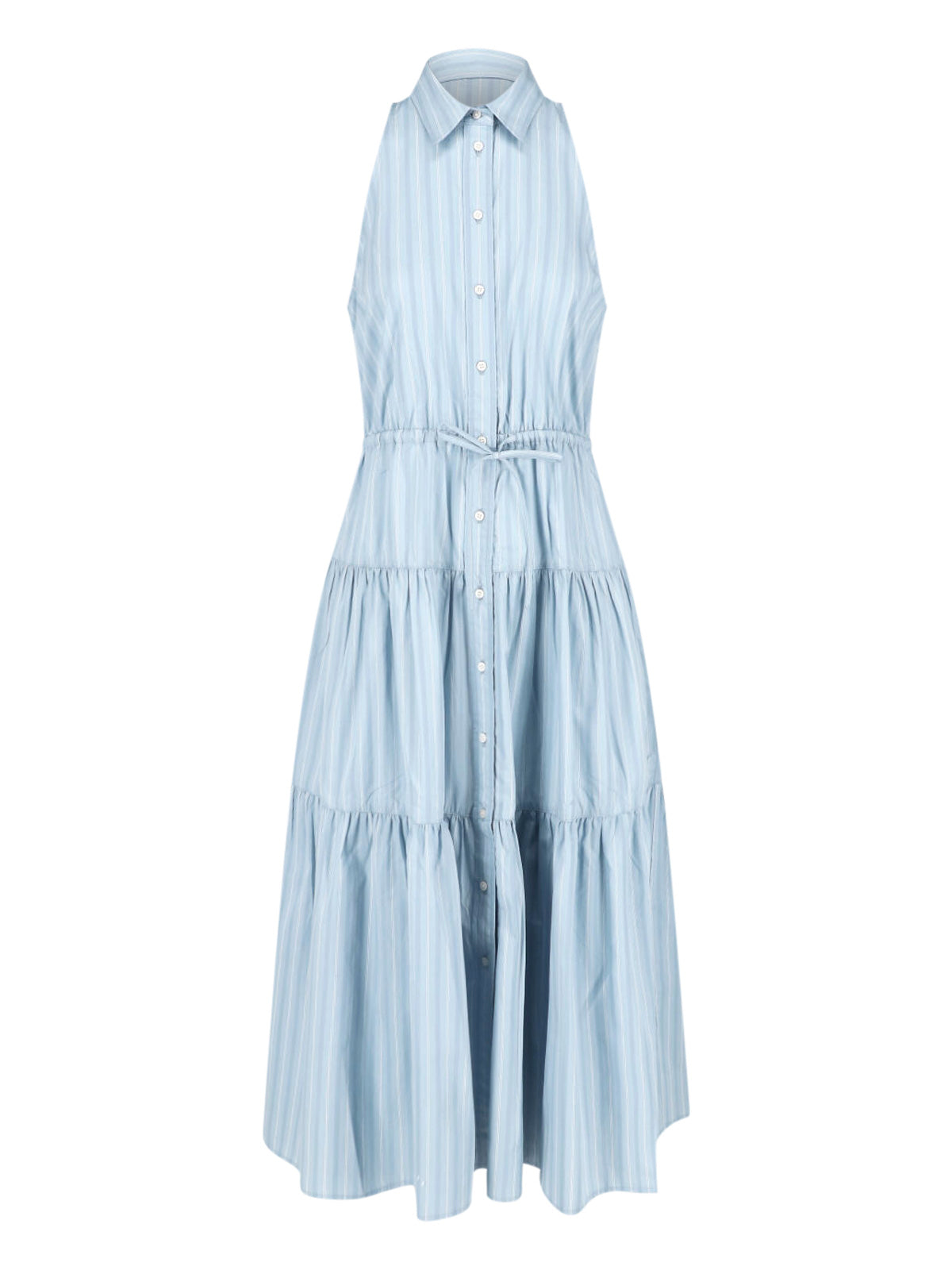 Blue Tiered Sleeveless Striped Dress
