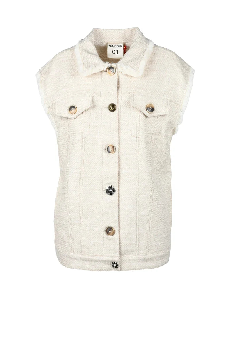 Textured Beige Vest with Classic Collar