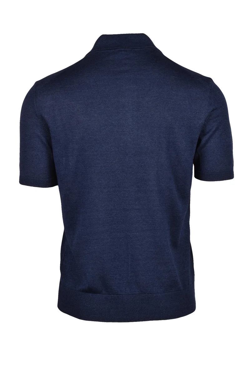 Linen Cotton Knit Polo Shirt - Blue