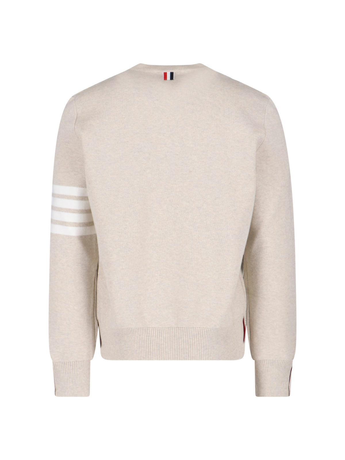 Beige Cotton Crew Neck Sweater with Four-Bar Detail