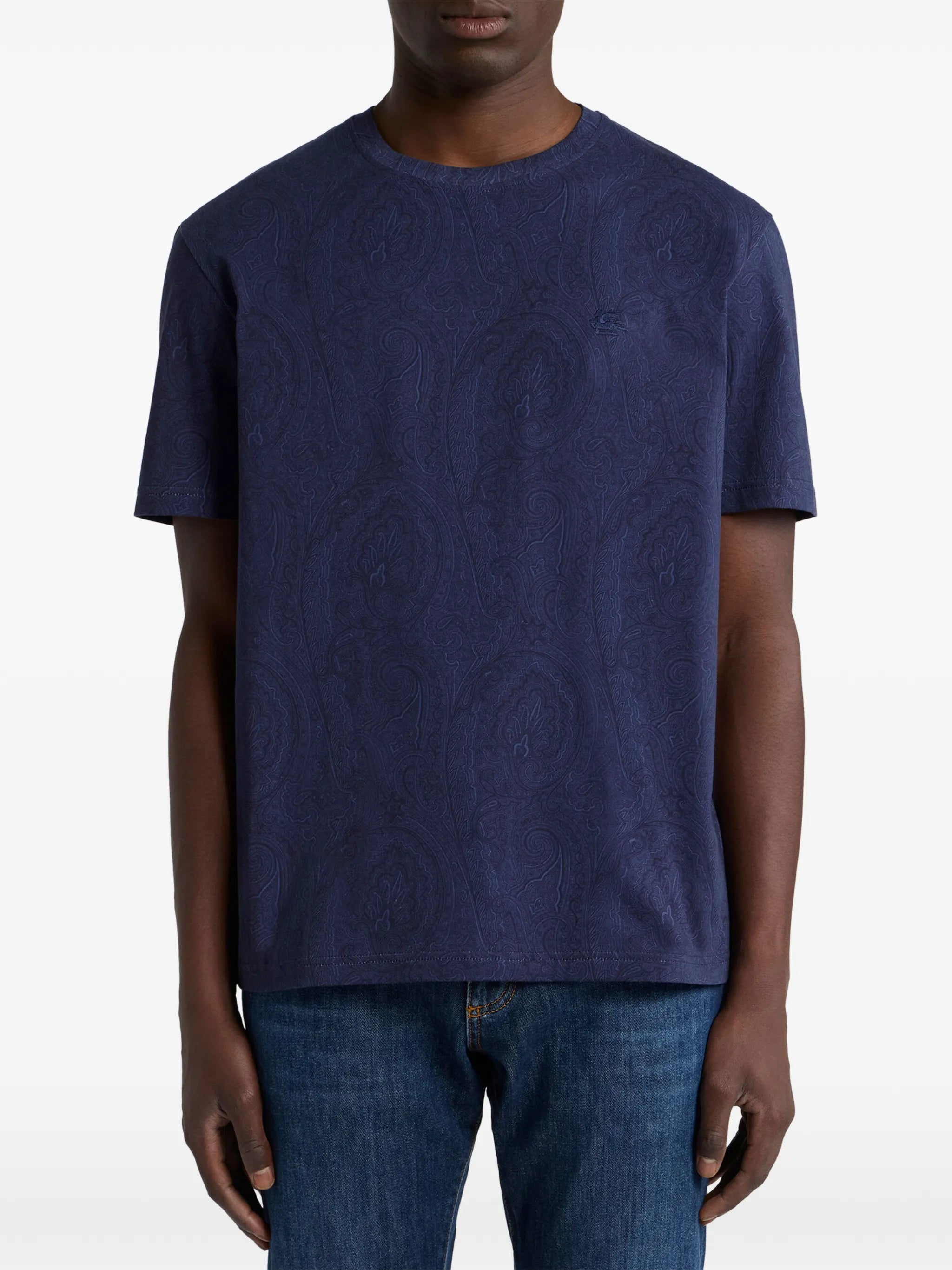 Navy Roma Short-Sleeved Paisley Pattern T-Shirt