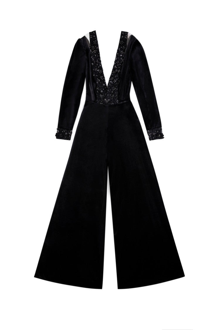 Velvet Flared Jumpsuit With A Beaded Top