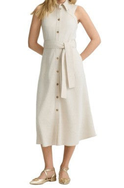 Beige Midi Dress With Button-Down Front And Belted Waist