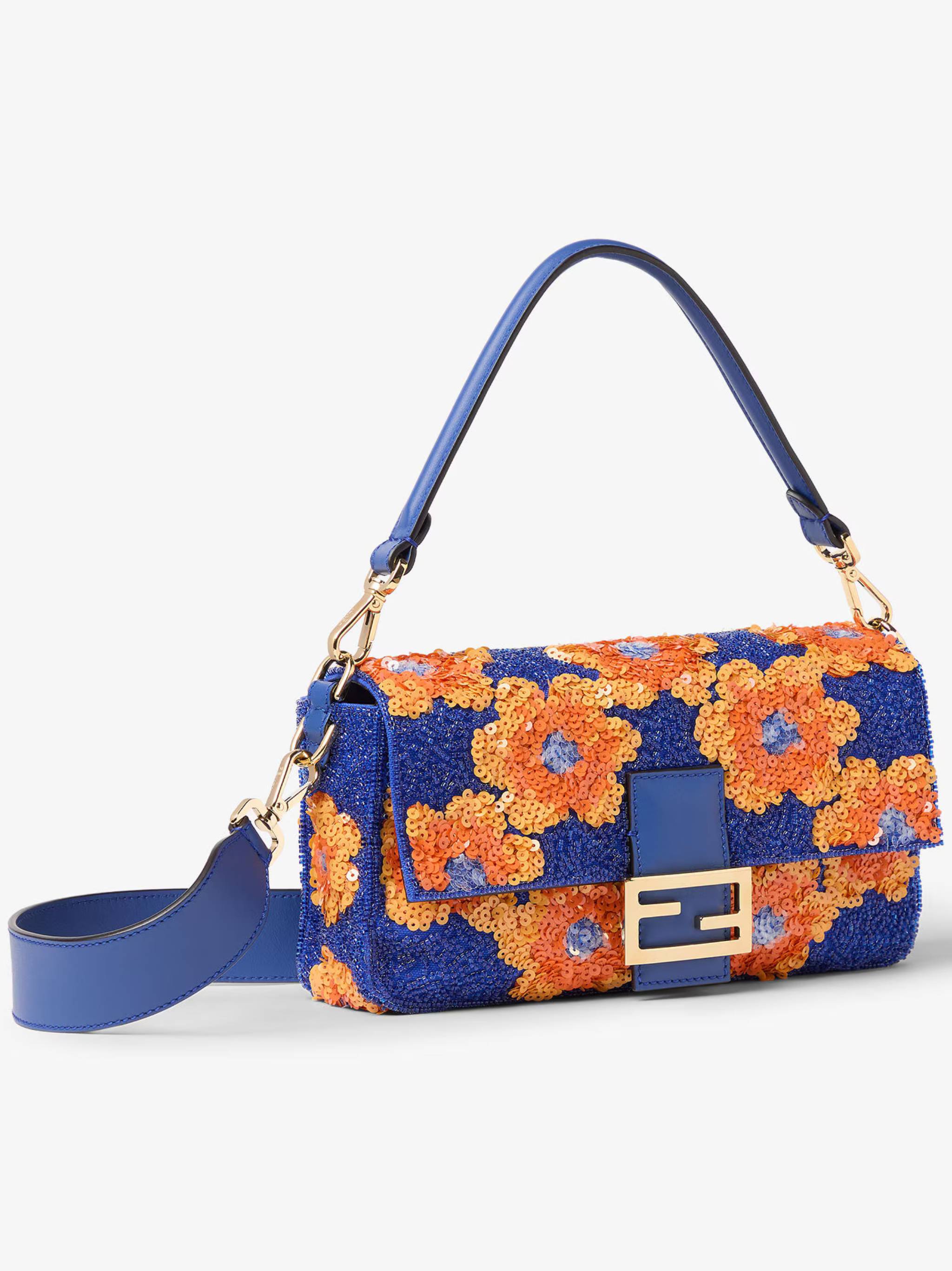 Floral Sequin Baguette Bag with Structured Handle