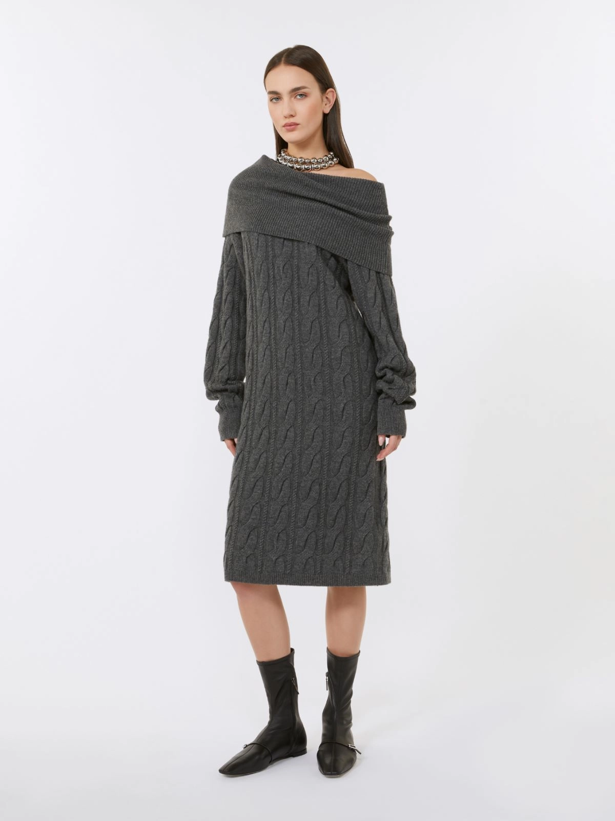 Charcoal Grey Midi Dress With Cable-Knit Texture