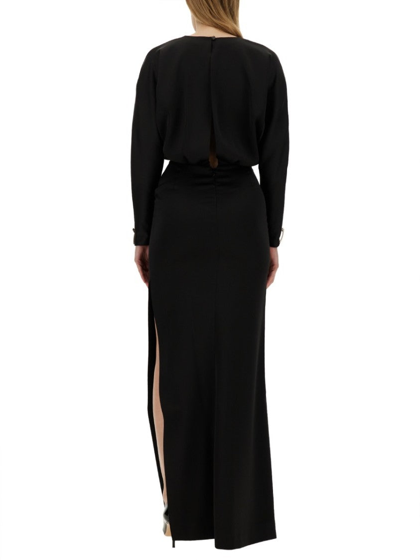 Black Long Dress With Deep V-Neckline And High Slit