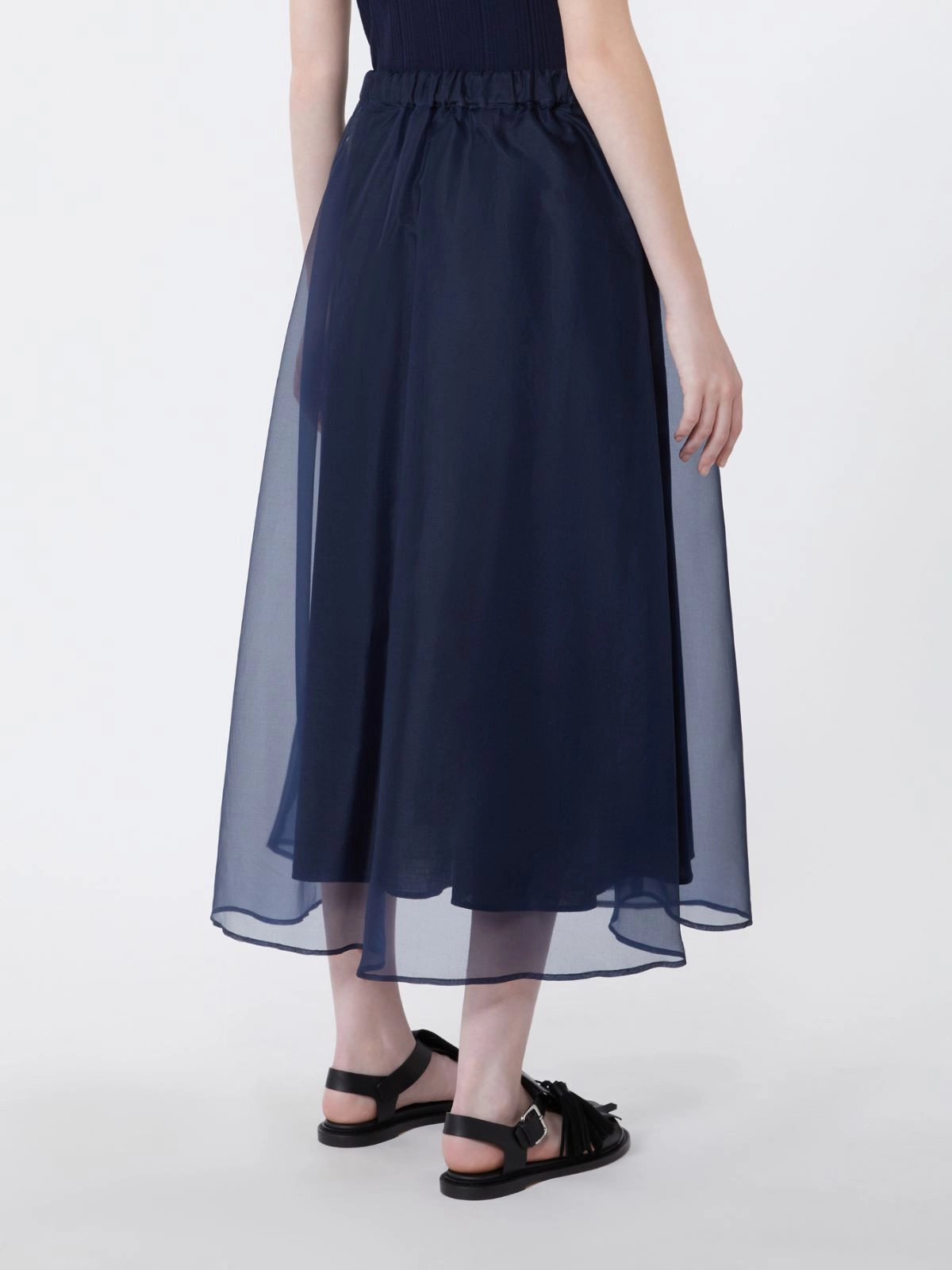 Midi Skirt with Sheer Overlay and Elastic Waistband