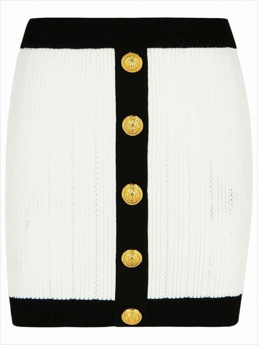 Ribbed White Mini Skirt with Ornate Gold Buttons