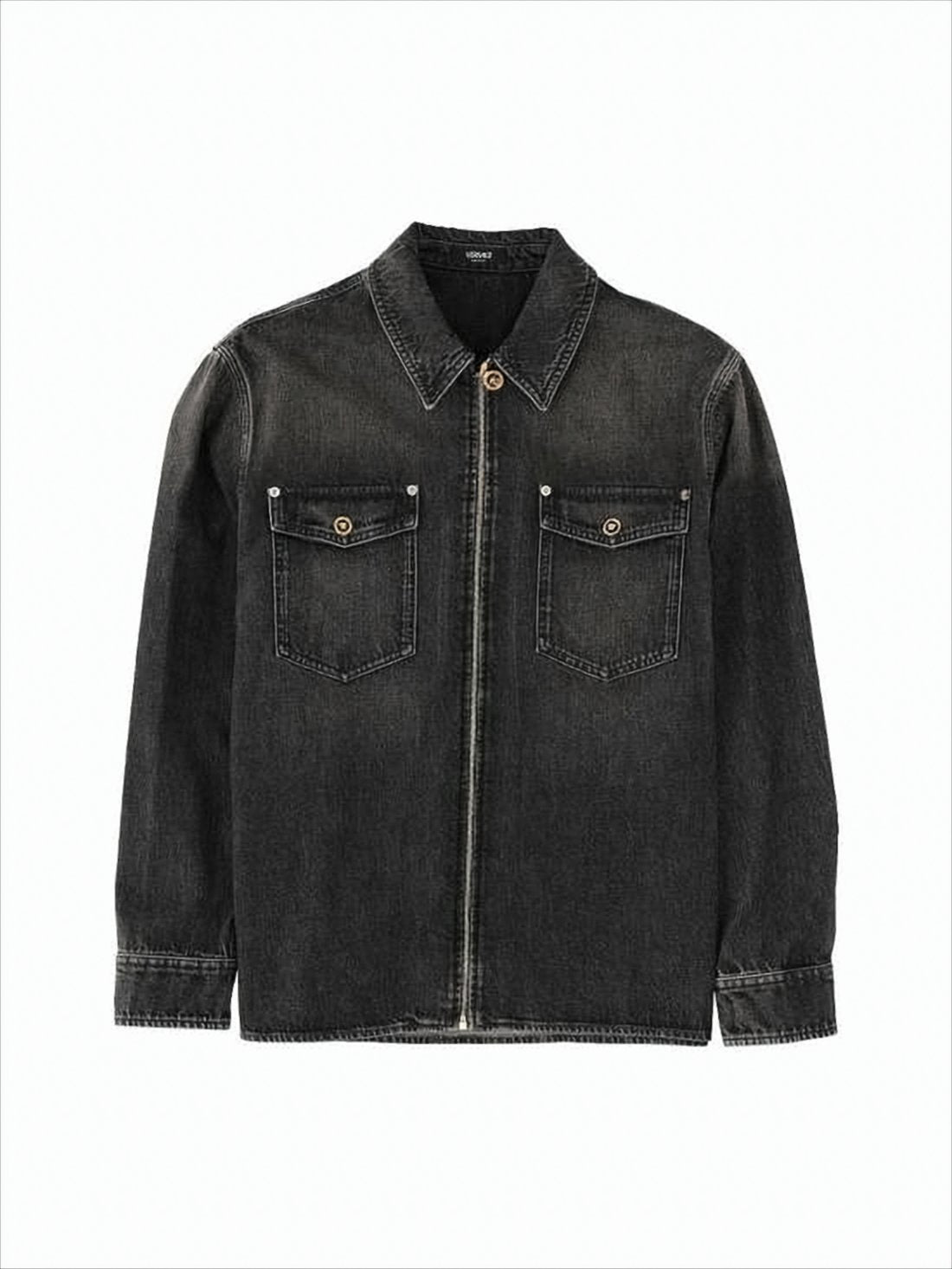 Washed Black Denim Long-Sleeve Versace Shirt