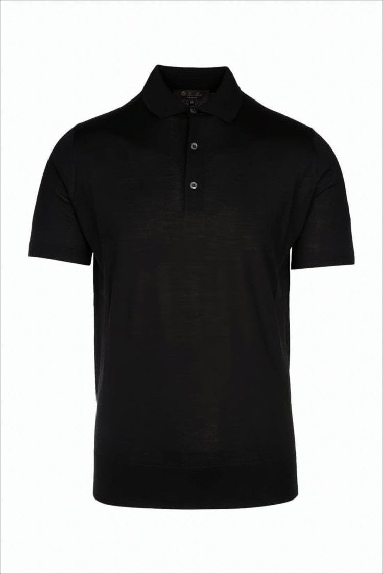 Classic Black Wool Polo Shirt with Three-Button Placket