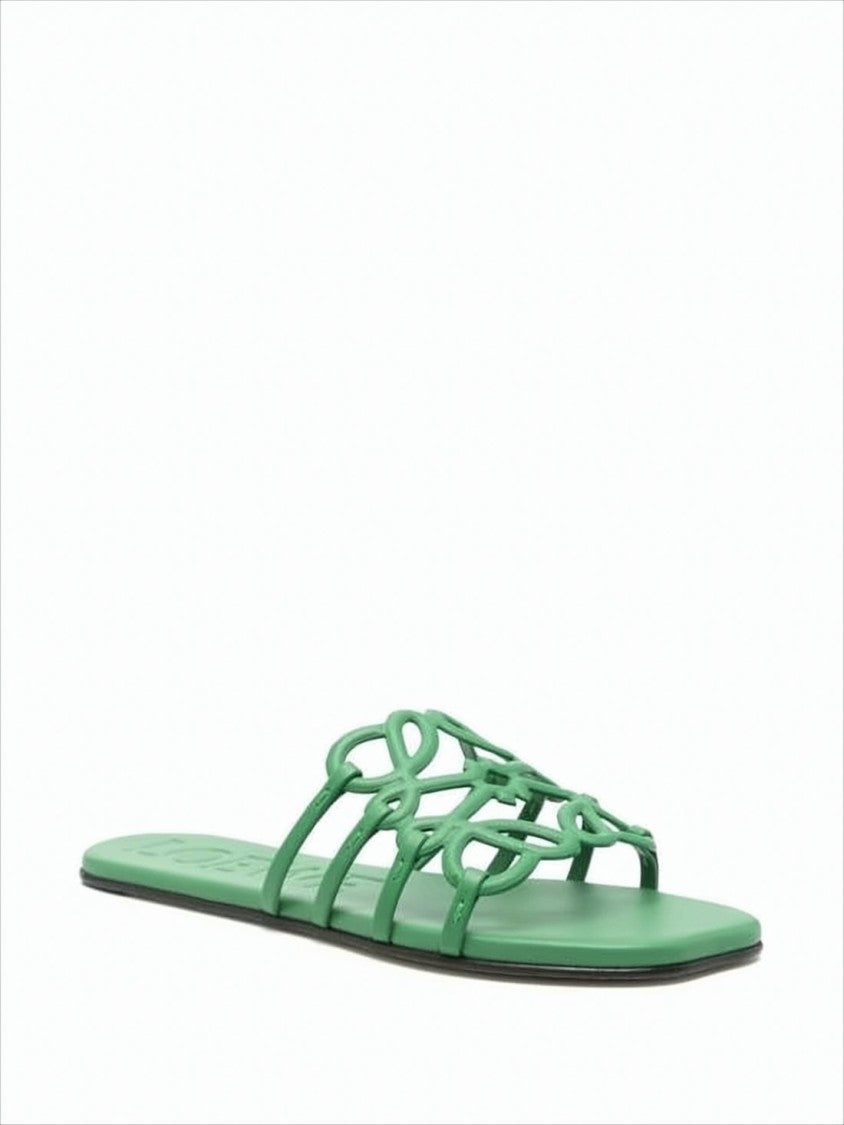 Intricate Loop Strap Green Calf Leather Slide Sandals
