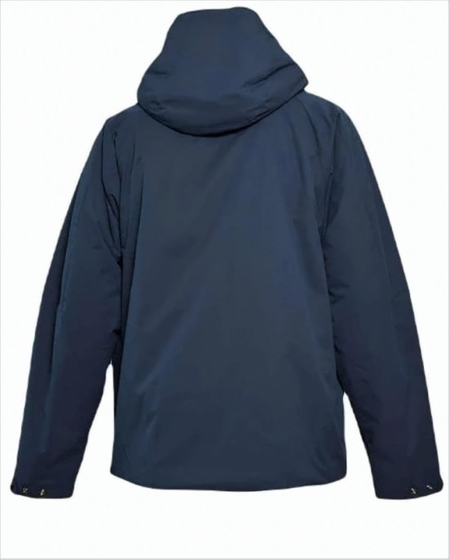 Blue Polyester Jacket With Adjustable Hood And Logo Patch