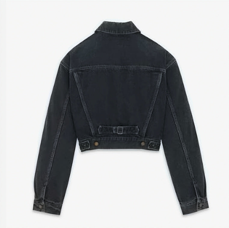 Cropped Black Denim Jacket with Classic Button-Up Front
