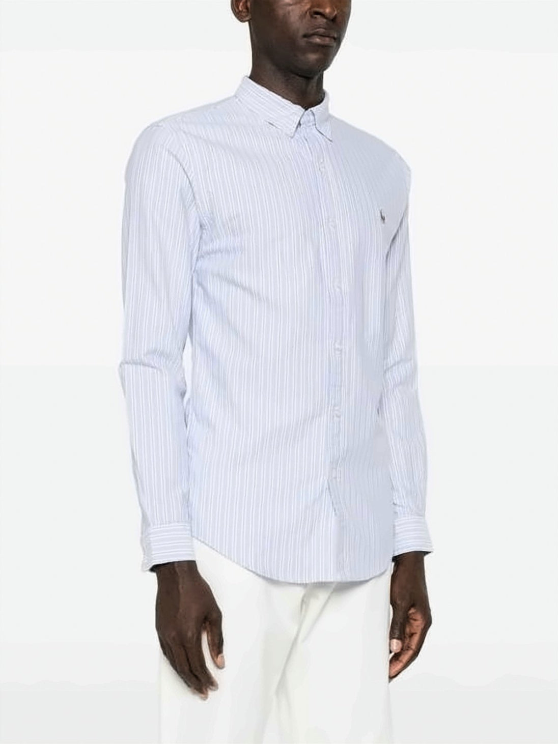 Long-Sleeve Button-Up Shirt with Vertical Stripes and Embroidered Logo